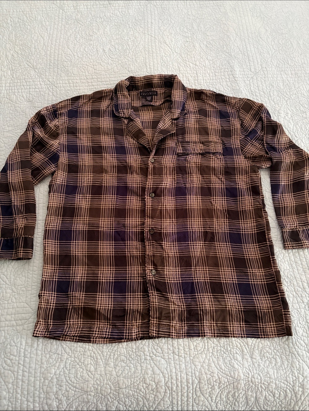 Perry Ellis 100% Silk Pajama Button-Down Shirt in Brown and Cream